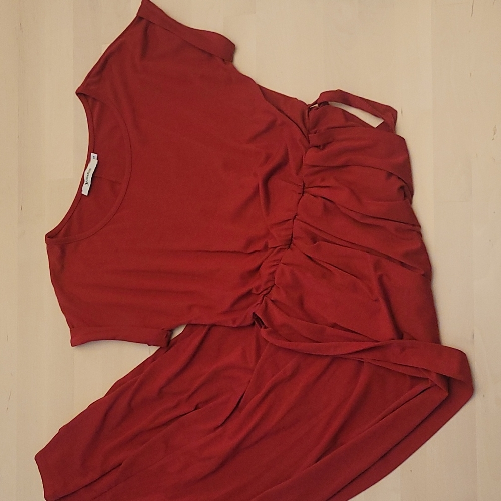 EUC YIDARTON Dark Red Short Sleeve Faux Wrap Dress